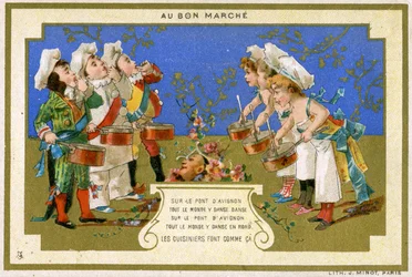 Promóciós kártya az Au Bon Marché párizsi áruházhoz, amely az avignoni hídon táncoló szakácsokat ábrázol, 1895 körül