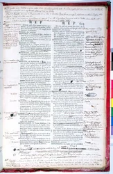 Lektoroldal a Francia Akadémia szótárának egy kiadásának javításával (tintával papíron) (lásd még: 179945)