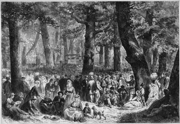 Protestáns szokás: a „zendingsfeest” vagy a missziós fesztivál Hollandiában. A pelerinek esznek az előrejelző beszéde közben. Metszet a „” Le Monde Illustré”” 853. számában, 1873. augusztus 16..