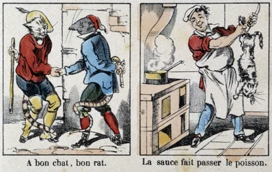 Példabeszédek az Epinal képeiben: „Jó macska, jó patkány”” és „A szósz átmegy a halon” – Epinal képe, n.d.