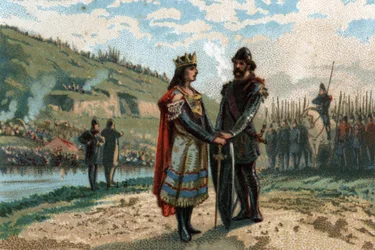 Rainfroy (Rainfroi) Neustria palotájának szövetsége a frizonokkal és szászokkal, hogy harcoljon Ausztráliával. Kromolitográfia 1890 körül.