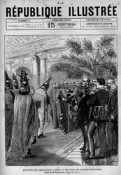 Sziámi nagykövetek fogadása a Külügyminisztériumban. Egy újság. Metszet 1880-ból a „La republique illustree”” magángyűjteményben.