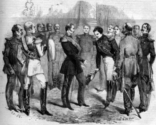 III. Napóleon (1808-1873) francia császár fogadása II. Sándor orosz cárnál (1818-1881) Varsóban (Lengyelország)