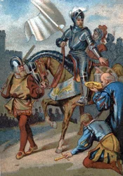 Calais visszaszerzése az angolok felett Guise hercege által 1558-ban. A „” Hazafias nevelés képen keresztül” sorozat kromolitográfiája”.