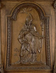Szent Medárdot (kb.456-545) Noyon püspökét ábrázoló dombormű a szószékről (fa)