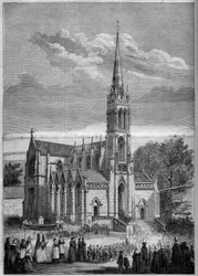 Vallási építészet: a Monfort le Retrou templom általános képe (ma Montfort le Gesnois in the Sarthe (72), avatásának napja 1858-ban. Moulin úr vázlatából. Metszet a „” Le Monde Illustré”-ban” n °77, 1858. október 2.