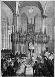 Vallási művészet: Notre Dame du Pillar vagy „” Virgo Noire” szobra (1540 körül) a chartres-i katedrálisban (Eure et Loire, 28) 1858-ban. Metszet a „” Le Monde Illustré” 89. számában, december 25. 1858.