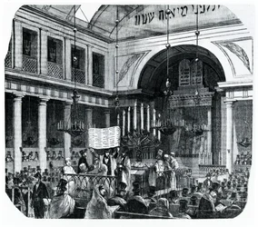 Vallási szertartás a régi párizsi zsinagógában Ros Hashana számára, a Le Tableau de Paris illusztrációja, Edmond Texier, megjelent Párizsban, 1852