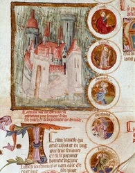 Enocham ábrázolása, az első idézet a világról, amelyet Yared (Yered, Jared vagy Jareth) alapított fia, Enoch (Henoch vagy Henoc) előtt. Oldal a francia iskola „Genealogy de la Bible”” kéziratából származik. 14. századi Cremone, biblioteca kormányzó
