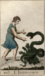 Az ártatlanság ábrázolása, mint egy gyermek, aki egy veszélyes kígyót etet. Pierre Blanchard „Az ifjúság mitológiájából” 1803-ból.
