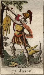 Jason ábrázolása, az Aranygyapjú gyógyulása, Chrysomallos gyapjú, Belier szárny, az alvó sárkány diadala után, aki őrizte az Aranygyapjút és elkapja. Pierre Blanchard „Az ifjúság mitológiájából”, 1803.