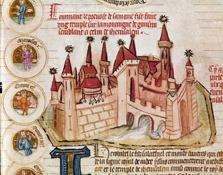 Egy Jeruzsálemhez hasonló erődített város ábrázolása Oldal a francia iskola "Genealogie de la Bible" című kéziratából. XIV. század Cremone, biblioteca governativa