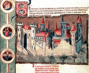 A strasbourgi régió egy erődített városának képviselete. Miniatűr pergamentekercsen „A Biblia genealógiája” (ms.199) 14. századi Cremone, Biblioteca Governativa