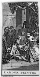 Jean Baptiste Poquelin dit Moliere (1622-1673) „Le Sicilien ou l’amour painter” című darabjának egy jelenetének ábrázolása. Metszet 1740-ből.