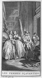 Jean Baptiste Poquelin dit Moliere (1622-1673) „Les femmes savantes” (1672) című darabjának egy jelenetének ábrázolása. Metszet 1740-ből.