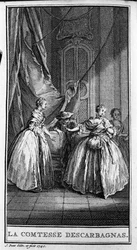 Jean Baptiste Poquelin dit Moliere (1622-1673) „” Escarbagnas grófnője” (1671) című darabjának egy jelenetének ábrázolása. Metszet 1740-ből.