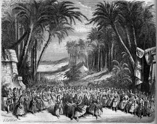 Operaábrázolás: A „Saba királynője” II. felvonásának szcenográfiája Michel Carre (1819-1872) és Jules Barbier (1822-1901) librettója és Charles Gounod (1818-1893) zenéje alapján. Párizs, Theatre de l