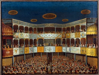 Jean Baptiste Poquelin dit Moliere (1622-1673) „” képzeletbeli maládjának” bemutatása a spanyolországi Minorca Színházban; kilátás nyílik a teremre és a közönségre. 18. századi festészet. Párizs, dekoratív művészet
