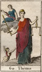Themis, az igazságosság és a törvény istennőjének ábrázolása, mérleggel és karddal a kezében. (Themis, az igazságosság és a törvény istennőjének ábrázolása, bekötött szemmel, mérleggel és karddal a kezében). Pierre Blanchard „Az ifjúság mitológiája” című