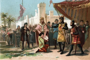 Hardi Fülöp király (1270-1285) által kiadott nemeslevelek ábrázolása. Kromolitográfia 1890 körül.