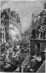 1830-as forradalom: harc a faubourg-i Saint Antoine-ban. Metszet a „Pápák-királyok-királynők és császárok története az évszázadokon keresztül” című könyvébe, Maurice Lachatre