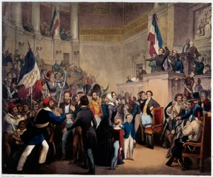 Az 1848-as forradalom. Az orleans-i hercegnő a Képviselőházban (Nemzetgyűlés) megjelenik gyermekeivel, hogy megszerezze a kormányzóságot (február 24.