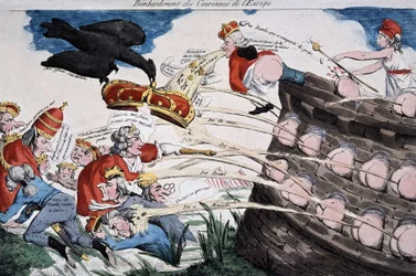 A Marianne vezette forradalmárok a saját szarukkal bombázzák az európai uralkodókat. A francia forradalom időszakában megjelent karikatúra. Rézkarc. 1792. Musée Carnavalet