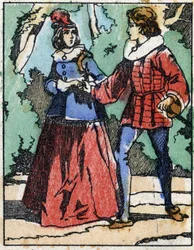 Riquet ismét bemutatkozik a hercegnőnek. Illusztráció a „Riquet a la houppe” című meséhez, Charles Perrault (1628-1703) francia író. Imaging Pellerin fametszete - Epinal, sd. 19. század vége.