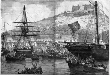 Risorgimento, Nápoly, 1860. október 21.: a haditengerészet szavazata a városnak az Olasz Királysághoz való csatolásáról. Metszet a „” Le Monde Illustré”” 186. számában, 1860. november 3.