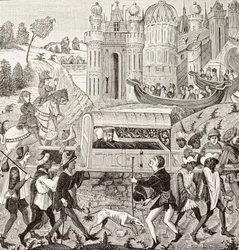 I. Róbert, Normandia hercegét hordágyában viszik, Paul Lacroix "Military and Religious Life in the Middle Ages" című művéből, London, 1880 körül jelent meg (litográfia).