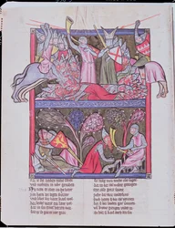 Roland megfújja a kürtöt Roncevaux-ban, a Le Chanson de Roland illusztrációja, a svájci Saint-Gallban konzervált eredeti kézirat másolata