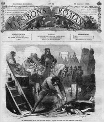 Római sorozat: Victor Hugo (1802-1885) „” Notre Dame de Paris””. Egy férfi leereszt két nőt a kövezeten. Metszet a „Les bons romances”-ba