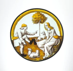 Roundel, pár játszik a Quintainben, 1500 körül (üveg, üveges festék és ezüst folt)