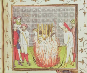 Roy 20 C VII f.44v A templomosok elégetése, 1308 körül (pergamen)