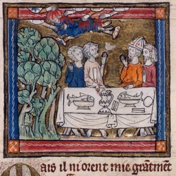 Royal 14 E. III, f.76v Seven Hands Cast Fire on Moys, illusztráció a "The Story of the Holy Grail" című filmből (vellum)
