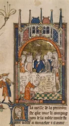 Royal 14 E. III, f.89, Arthur király ünnepe, Arthur király és Guinevere egy banketten, egy szolgával az asztal előtt térdelve, aki kenyeret vág, a „La Queste del Saint Graal”-ból, 1315-25 körül (vellum) )