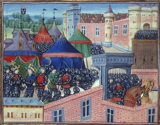 Royal 20 C.IX fol.137v Franciaország és Szicília királyai hadseregeikkel Metz előtt, Jean Chartier (fl.1558-74) „Le cronicque du temps de roy Charles VII de France” című művéből, 15. század vége (vellum)