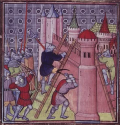 Royal 20 C.VII fol.19 A franciák elpusztítják Genovát, a 14. század végi Chroniques de France ou de St. Denisből (vellum)