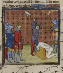 Royal 20 C. VII f.134v A francia nemesség elleni Jacquerie-felkelés vezetőit Navarra királyának parancsára lefejezik, a 