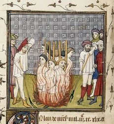 Királyi 20 C. VII, f.44v Templomosok égetése, illusztráció a "Chroniques de France ou de St. Denis"-ből (vellum)