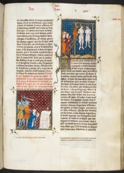 Royal MS 16 G. VI, f.306r, Károly, Flandria grófjának felakasztással elkövetett meggyilkolása (VI. Lajos, 20. könyv), a Les Grandes Chroniques de France című műből