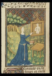 Royal MS 16 G V f.068v oldal a De claris mulieribusból Giovanni Boccaccio névtelen francia fordításában (Le livre de femmes nobles et renomées), 1440 körül (szín és arany pergamen)