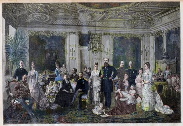 Királyi családok összegyűlnek Dániában, hogy megünnepeljék a cár és a cárnő ezüstlakodalmát Juleboekshusene kis falujában a „Le Petit Journal”-ból, 1891. szeptember 26. (színes metszet)