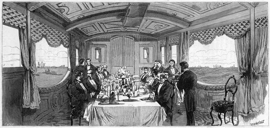Edinburgh hercege és hercegnéja által 1874-ben használt orosz birodalmi vonat: az étkezőkocsi. Metszet a „” Le Monde Illustré”” 886. számában, 1874. április 6.