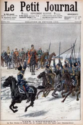 Orosz-japán háború 1904-1905 - A kozákok II. Miklós cárt dicsérték, mielőtt a Távol-Keletre indultak, hogy megküzdjenek a japánokkal a "Le Petit Journal"-ban, 1904. február 28. (metszet)