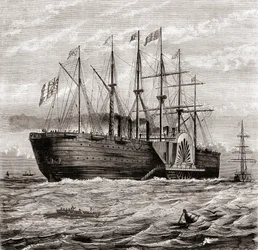SS Great Eastern, vasvitorlás gőzhajó, amelyet Isambard Kingdom Brunel tervezett, a Les Merveilles de la Science-ből, megjelent 1870 körül (metszet)