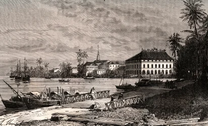 Saigon - Vietnam - Ho-Si-Minh-város (Ho Si Minh-város) - metszet a „La France illustree: földrajz, történelem, statisztikai igazgatás”-ban V.-A. Maláta-barna. 1884