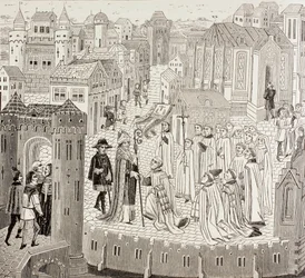 Saint Gaugericus, Cambrai püspöke, aki kinevezésére érkezik a városba, Paul Lacroix „Katonai és vallási élet a középkorban” című művéből, London 1880 körül.