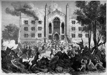 Szecessziós háború vagy amerikai polgárháború (1861-1865) – New York – 1863. július: a hadkötelezettség ellenállása, a felkelések felgyújtották a színesbőrű árvák menedékházát New Yorkban a „Draf Riots” idején. Metszet a „” Le Monde Illustré”” 331. számban