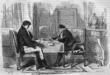 Sorozatregény: Emile Souvestre (1806-1854) „Gazdagok és szegények”. Két férfi beszélget: "A skrupulusok soha senkit nem kínoztak." Metszet a „Les bons romances”-ba